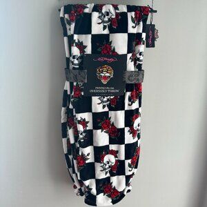 New Ed Hardy Black White Skulls Heart 60x70 Throw Blanket Halloween Red Roses